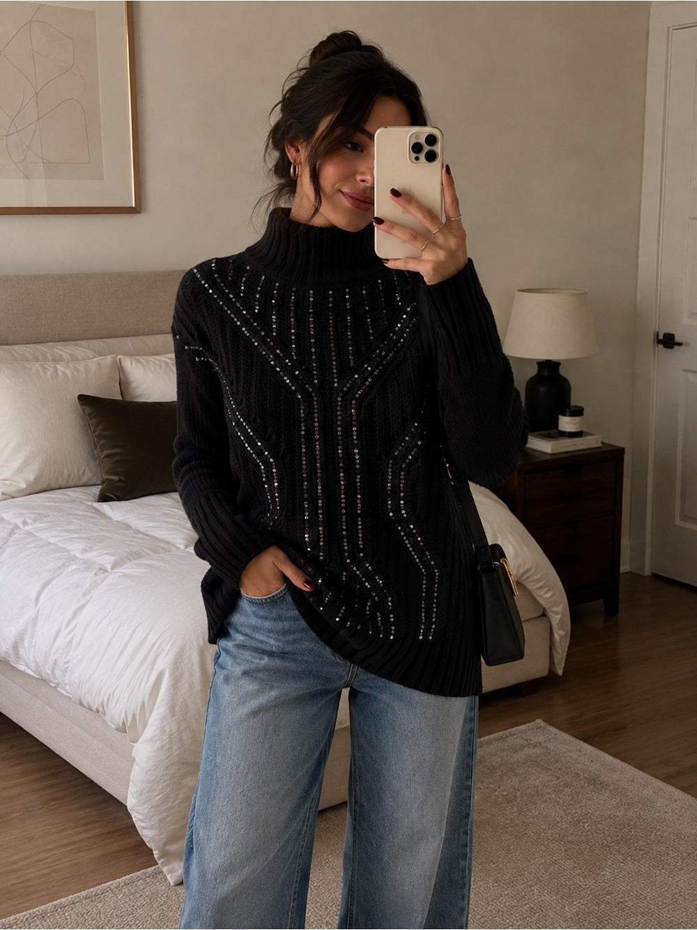 BCBGMAXAZRIA Black Sequin Merino Wool Turtleneck Sweater S Knit  Pullover